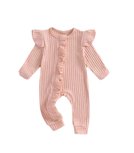 Waffle frill zip romper - Peach