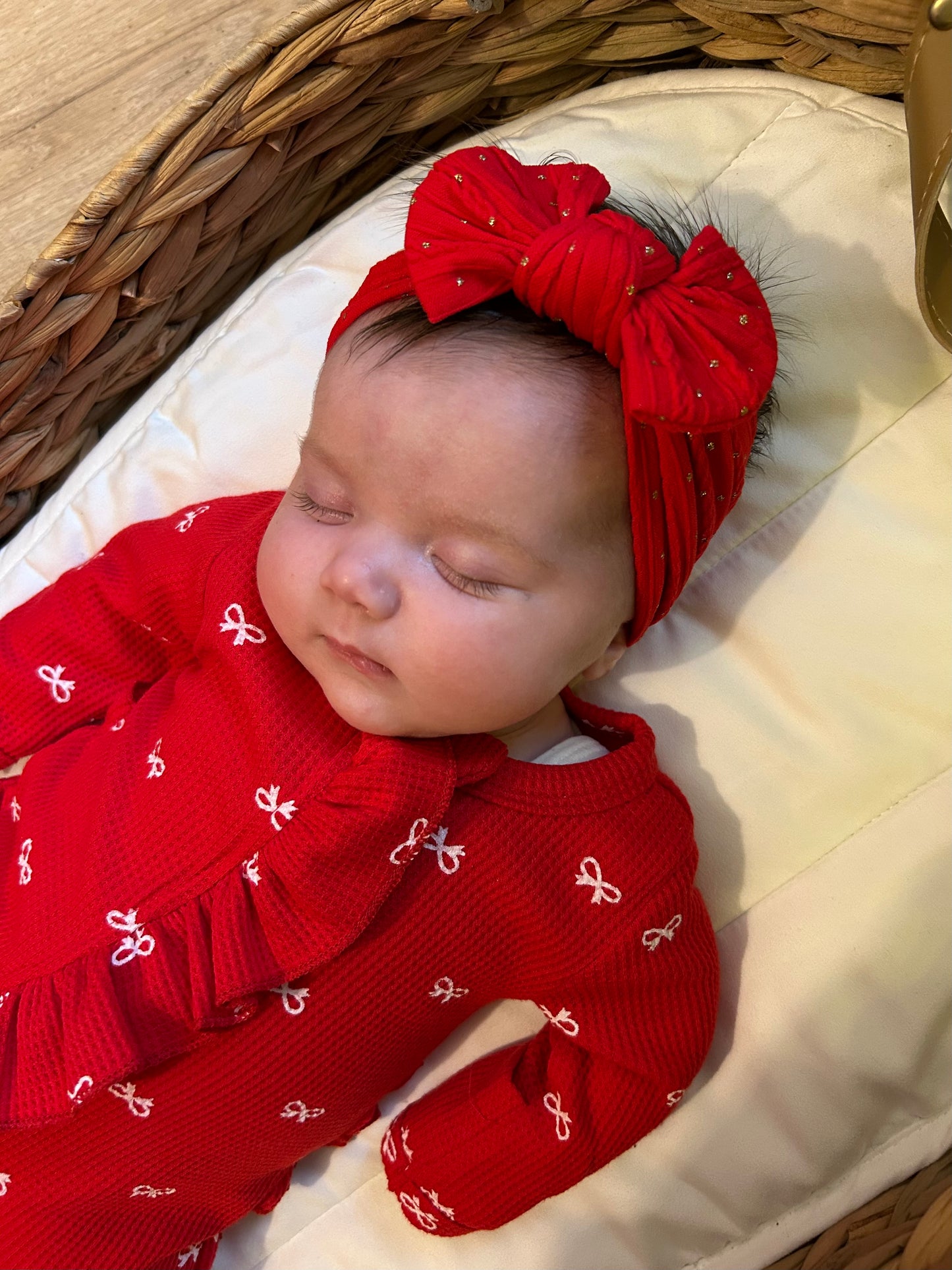 Cable knit bow headband - Classic Red gold glitter spot