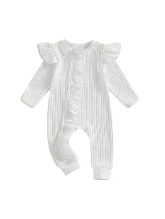 Waffle frill zip romper - White