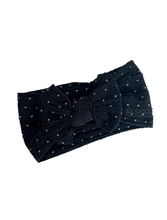 Cable knit bow headband- Black and gold glitter spot