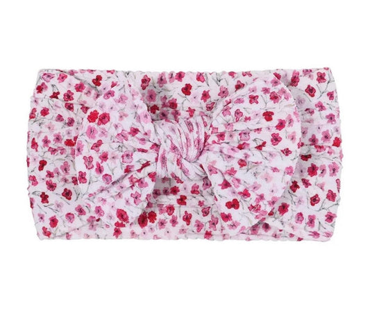 Cable knit bow headband- Fuchsia floral