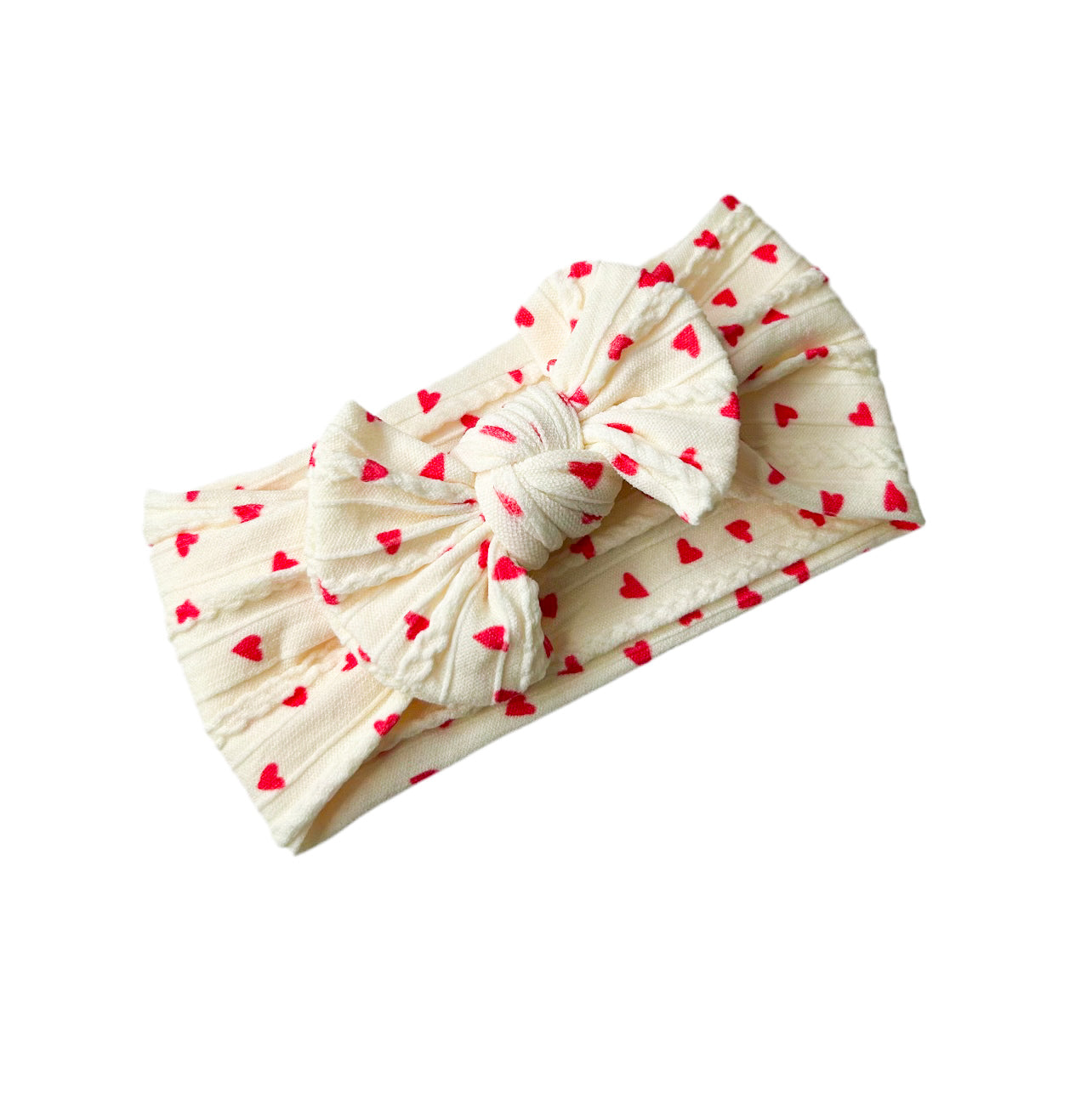 Cable knit bow headband- Cream and red love heart