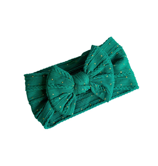Cable knit bow headband - Festive green gold glitter spot