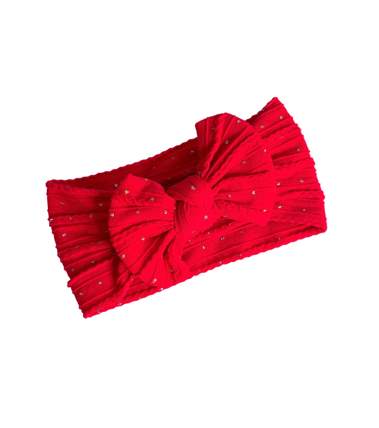 Cable knit bow headband - Classic Red gold glitter spot