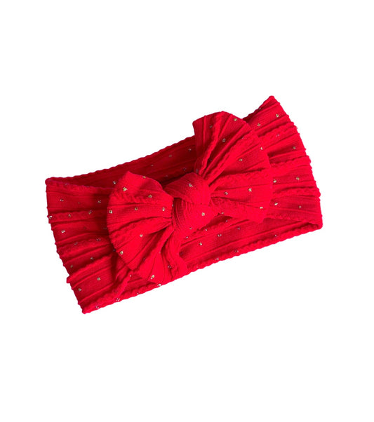 Cable knit bow headband - Classic Red gold glitter spot
